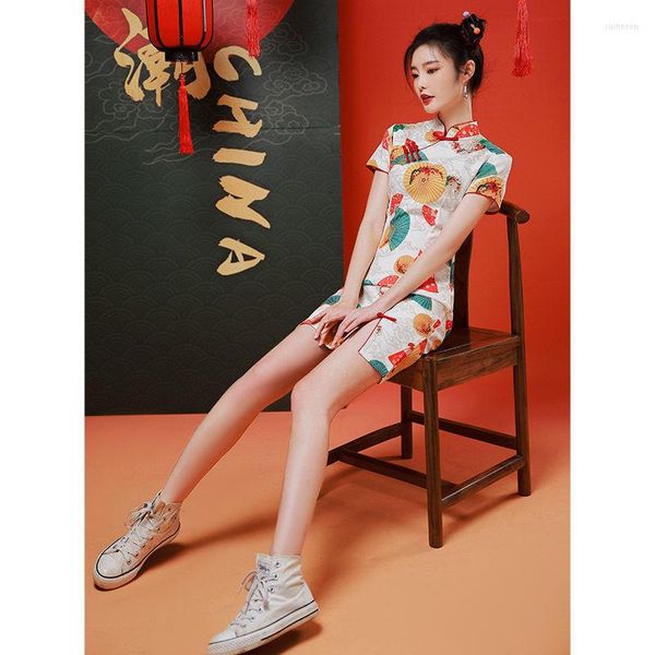 Roupas étnicas Guochao melhorou Cheongsam Short Small Man Fried Street 2023 estilo chinês Vestido de menina jovem verão qipao