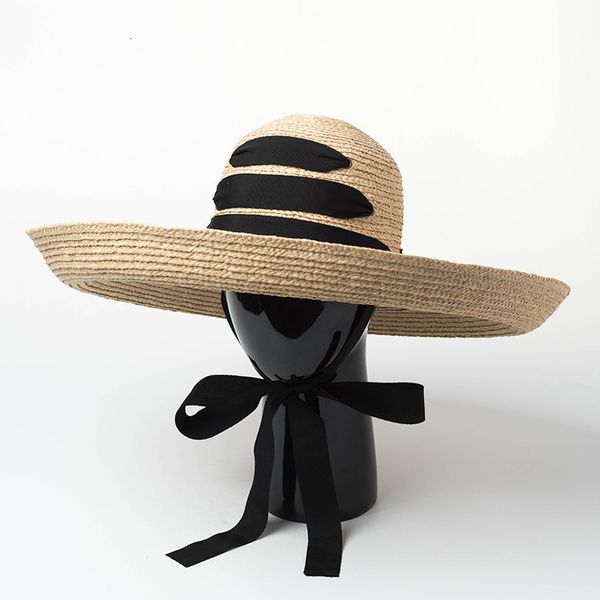 Cappelli a tesa larga Secchio Sfilate di moda europee e americane grandi gronde cappello di paglia da spiaggia retro cupola con orlo arrotolato con parasole esterno in rafia 230106