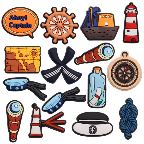 Atacado 100 Pcs PVC Capitão Navio Gráfico Telescópio Bússola Chapéu Deriva Garrafa Corda Sandálias Fivela Encantos De Sapato Meninos Meninas Decorações Para Botão Clog Mochila