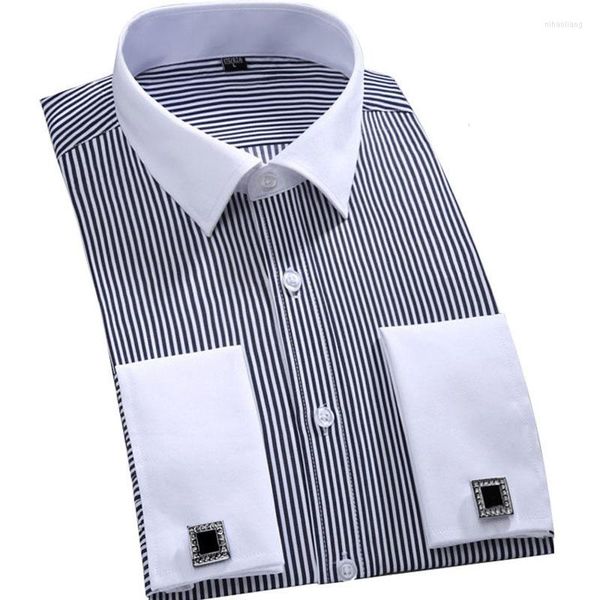 Herren lässige Hemden Herren modische gestreifte französische Manschette Langarm Weißkragen Design Hochzeitshemd Männer großgröße 4xl 5xl 6xl