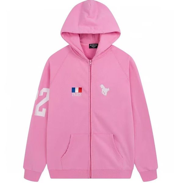 2024 Fransa bayrağı lüks zip hoodies erkekler kadınlar süper büyük boy at nakışı yok edilmiş kapüşonlu sweatshirts erkekler bb paris pembe renk