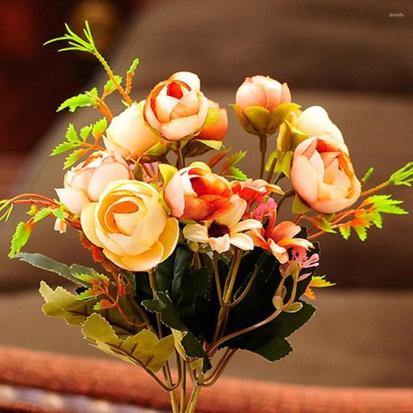 Декоративные цветы желтый искусственный шелковый букет розовая голова и 6 фальшивка малышки для домашней свадьбы осень украшения в помещении