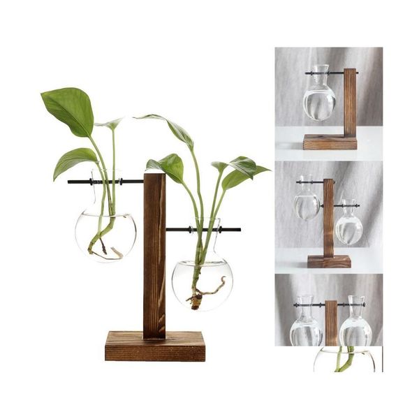 Fioriere Vasi Terrario in stile nordico Vasi per piante idroponiche Vaso da fiori vintage Cornice in legno trasparente Tavolo in vetro Casa Bonsai Dhahp