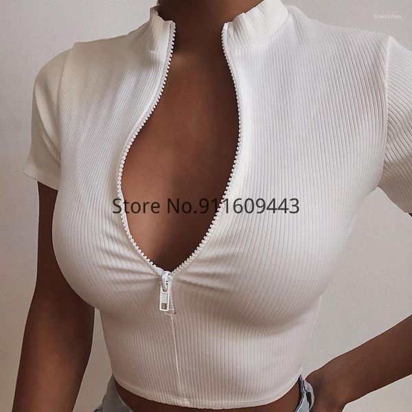 T-shirt da donna T-shirt da donna con cerniera estiva Sexy Ladies Bustier Corsetto Manica corta Crop Top Casual tinta unita T-shirt a collo alto