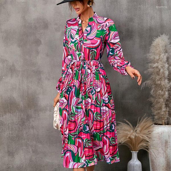 Casual Kleider QINJOYER Frauen Maxi Langarm Damen V-Ausschnitt A-Linie Elegantes Blattdruckkleid Frühling Herbst Strandrobe