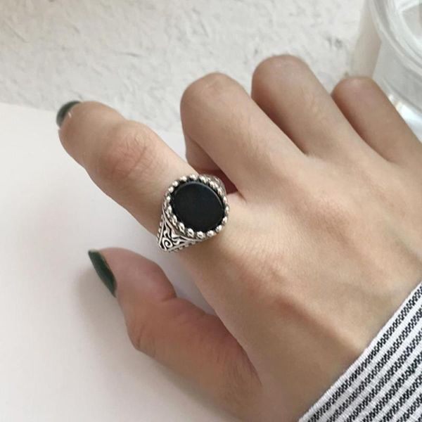 Anelli a grappolo Mai indossati SOLIDO Anello in argento sterling 925 Vintage Stile antico Punk Band Uomo Donna Gioielli Pietra preziosa agata ovale nera