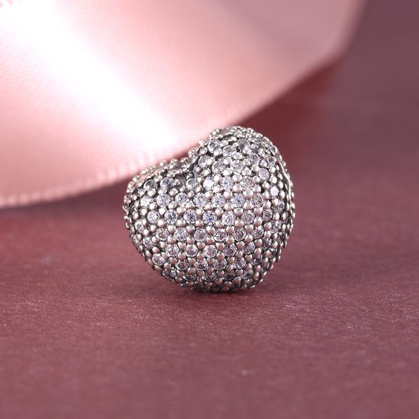 Fermaglio a clip a cuore con pavé in argento sterling 925 con perlina CZ trasparente adatto ai braccialetti con ciondoli gioielli Pandora europei