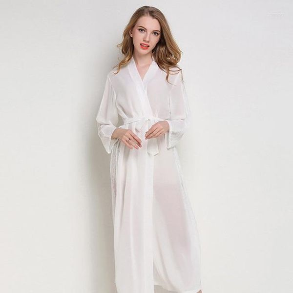 Pigiameria da donna Donna Raso di seta Accappatoio in pizzo Chiffon Accappatoi sexy Scollo a V femminile Stile lungo Kimono Presa di fabbrica 6226