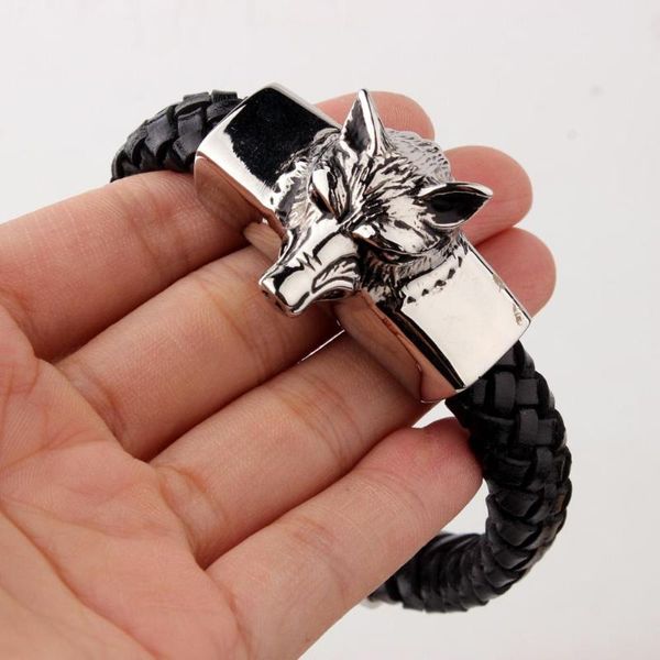 Ссылка браслеты в стиле стимпанк для мужчин для мужчин Wolf Design Woven Leather Texture Серебряный цвет из нержавеющей стали Оптовые подарки цепь подарков