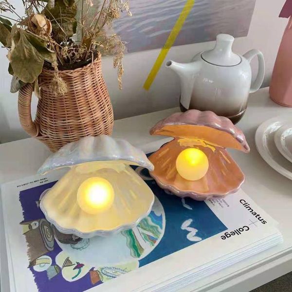 Neuheit Artikel Nordic Kreative Shell Kleine Nacht Lampe Schlafzimmer Nacht Perle Mädchen Herz Traum Keramik Desktop Dekoration
