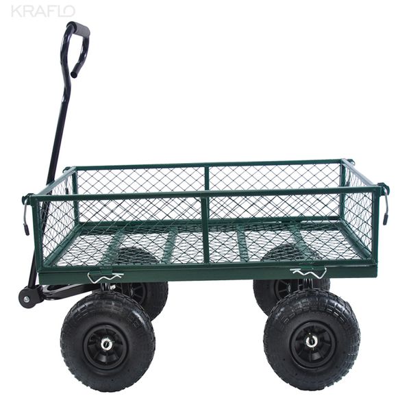 Kraflo Garden Supplies Utility Wagon Yard Metallwagen mit einer Tragfähigkeit von 550 Pfund und abnehmbarem, seitlich zusammenklappbarem Wagen. Robuster Schubkarrenwagen für den Transport