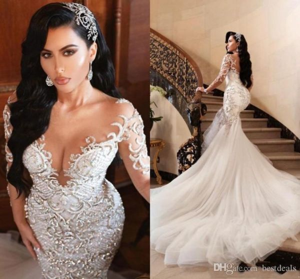 Vestidos de noiva de sereia ￡rabe de luxo dubai cristais brilhantes mangas compridas vestidos de noiva Tribunal tule tule skiot t￺nio de personalidade feita