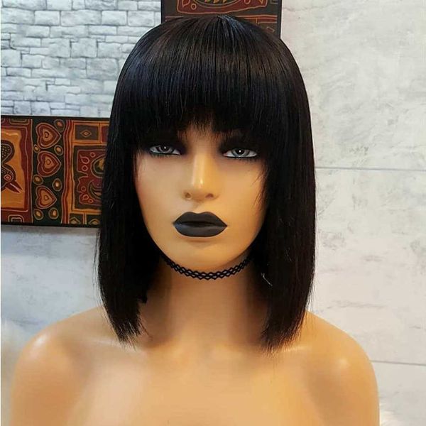 Peruca de renda quente negra mulher brasileira bob de cabelo humano 100% natural reto com franja feita margem 221212