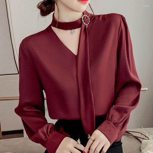 Frauen Blusen Blusas Mujer De Moda 2023 Verano Elegantes Weiß Langarm Chiffon Vetement Femme V-ausschnitt Wein Rot Perlen tops