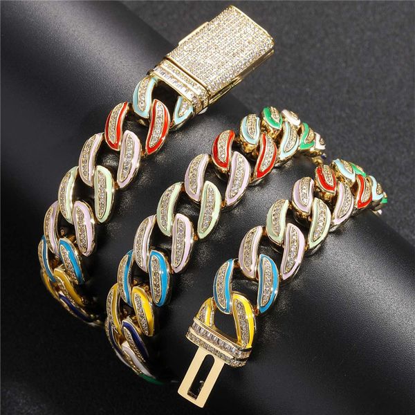 Nouvelle mode 15mm 18-24 pouces hommes femmes plaqué or coloré huile pantalon Bling CZ chaîne cubaine collier 7/8 pouces Bracelet bijoux