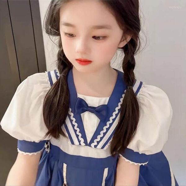 Девушка платья девочкам Lolita Navy Style Summer Dress 2023 Bow Bow Princess Kids Casual Daily Frocks y366