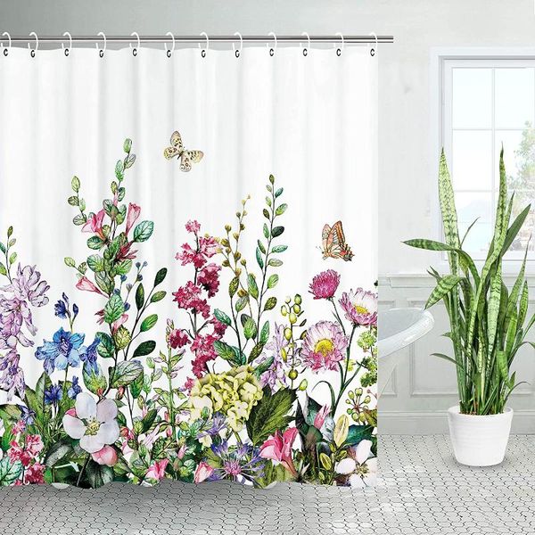 Duschvorhänge, Blumenvorhang, Blumen, Schmetterling, bunte Wildblumen, botanisches Badezimmer, Aquarell, grünes Blatt, Pflanzen-Dekor-Set