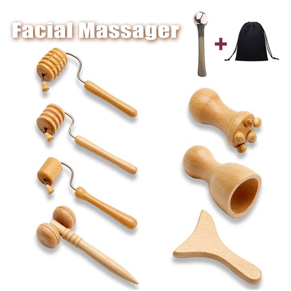 Dispositivi per la cura del viso 8Pcs Massaggiatore Strumenti Gua Sha in legno Terapia del legno Kit di massaggio meridiano Roller Lifting Masajeador Maderoterapia 230106