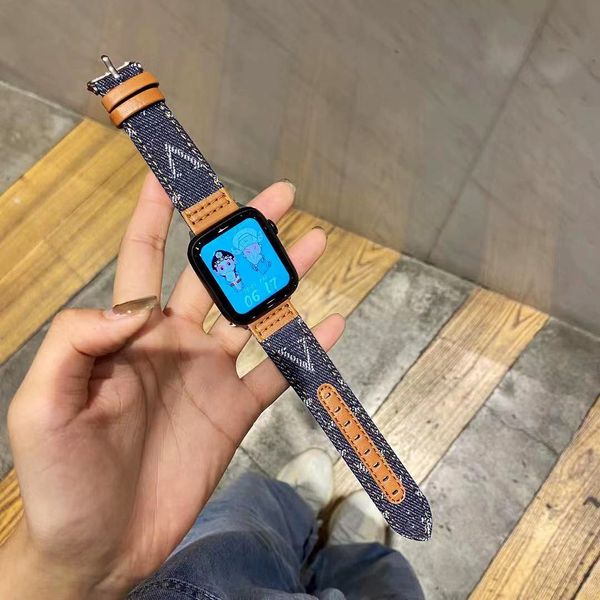 Дизайнерский джинсовый холст подлинный кожаный ряд часов для Iwatch Series 8 7 SE 6 5 4 3 2 Braslet Band для Apple Watch Ultra 49 41 45 40 44 мм