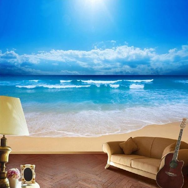 Tapeten 3D-Tapete Moderne Strand Meer Blauer Himmel Hintergrund Wandbild Wohnzimmer Schlafzimmer Wohnkultur Tuch Wasserdichte Abdeckung