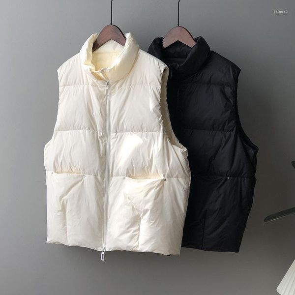 Damenwesten Daunenweste Frauen Puffy Weste Herbst Winter Lose Feste ärmellose Jacke Koreanischer Stehkragen 90% weißer Entenmantel