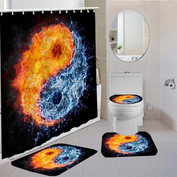 Set di accessori per bagno yin e yang stampare bagno impermeabile a 4 pezzi con tappeto non slip gancio tappeto tappeto tappeto in poliestere personalizzati personalizzati