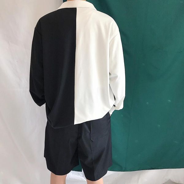 Camisas casuais masculinas primavera coreana simples preto e branco de qualidade preguiçosa lapela pólo camisa masculina moda de moda solta