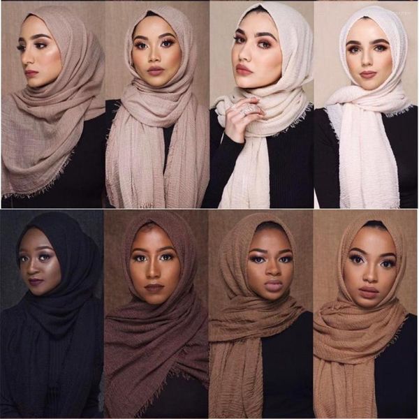 Le sciarpe vendono le donne islamiche musulmane Pieghe Hijab Sciarpa Femme Musulman Tinta unita Morbido cotone Foulard Scialli e impacchi 01-65