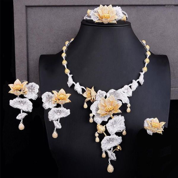 Halskette Ohrringe Set GODKI Luxus Lotus Herz Blume 4PCS Afrikanischer Langer Schmuck Für Frauen Hochzeit Kubikzircon Nigeria Dubai Gold 2023