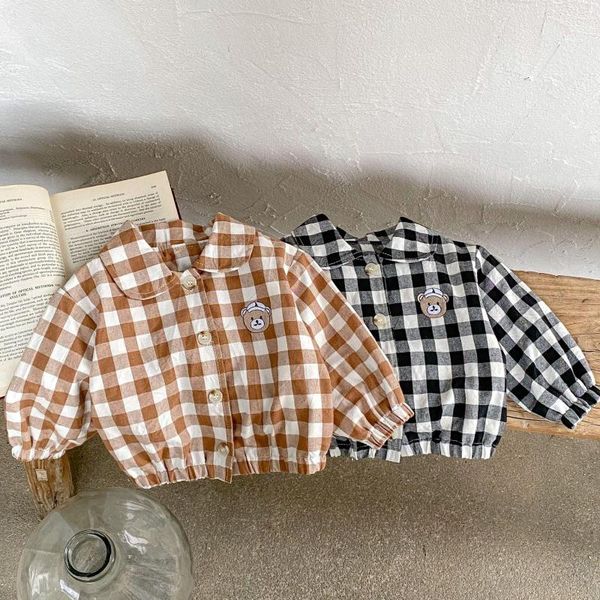 Giacche 0-3 anni coreano baby plaid per ragazze cappotti primaverili per bambini abiti da ragazzo orso ricamo per maniche lunghe maniche