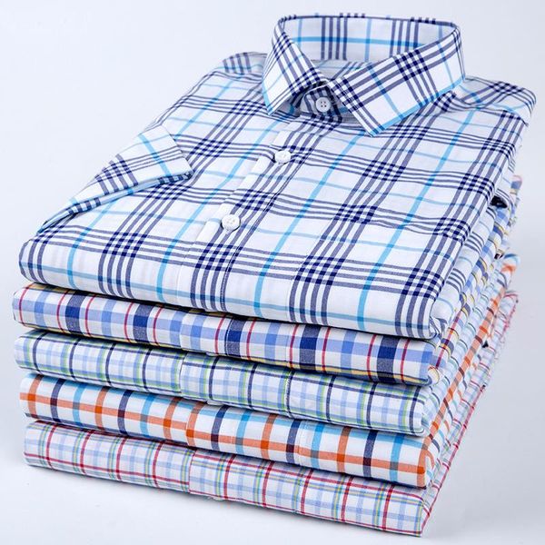 Camisas casuais masculinas camisa xadrez curta de manga curta de meia e jovem pó de peito azul de verão pequeno de verão de verão legal