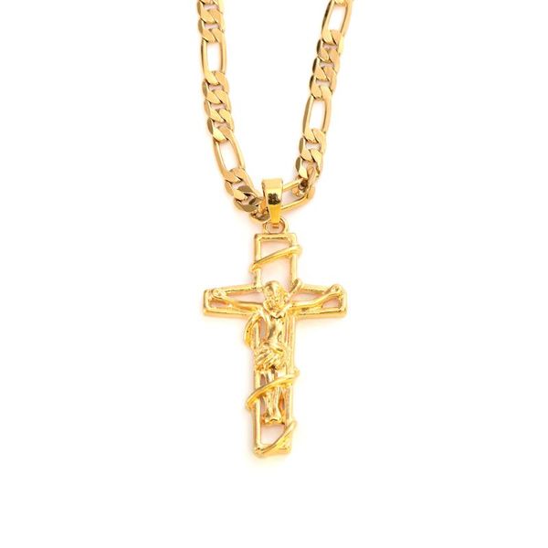 Ожерелья с подвесками K Solid Fine Yellow Gold GF Mens Jesus Crucifix Cross Frame 3 мм Итальянское ожерелье цепи Figaro Link 60cmPendant