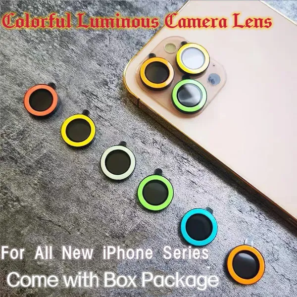 Красочная светящаяся линза с закаленной стеклянной стеклянной камерой Защитник для нового iPhone 14 13 Pro Max 12 Mini 11 Smart Smart Complone премиум -камеры