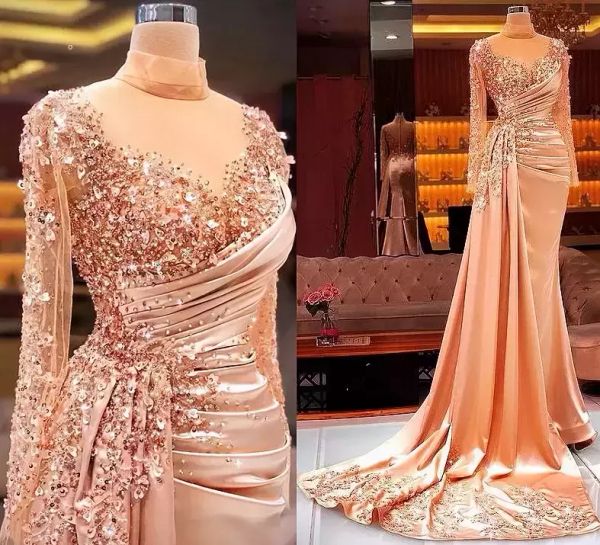 Arabisch Aso Ebi luxuriöser Meerjungfrau Abendkleider bloße Nackenperlen Vintage Long Sleeve Formal Party zweite Empfangskleider 2023