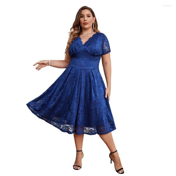 Plus Size Kleider Damen Elegant Spitze Blumen Swing Kurzarm Cocktail Party Hochzeit Midikleid V-Ausschnitt Brautjungfer Kurvig