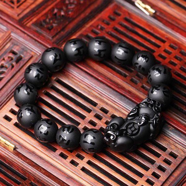 Filo di perline Fili di ossidiana naturale Fengshui Pixiu Bracciale Uomo Donna Giade nere Brave Troops Bracciale con perline Mantra a sei parole Amuleto fortunato