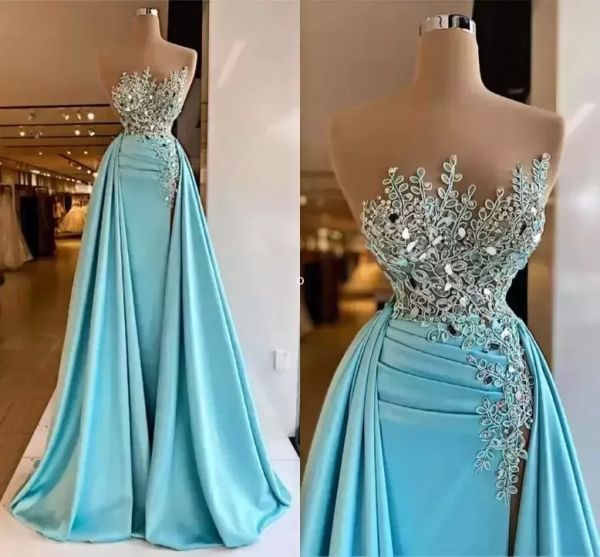 2022 İllüzyon Kolsuz Gece Elbise Dürüklü Yan Bölünmüş Dantel Boncuklu Resmi Prom Partisi önlükleri Zarif Özel Yapımı Vestido De Novia BC13182