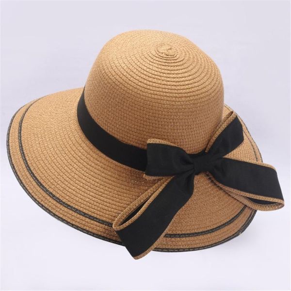 Широкие шляпы складываемых женских женских женщин Боу Сломанное пляж Солнечный Летний шляпа Большой Ак30