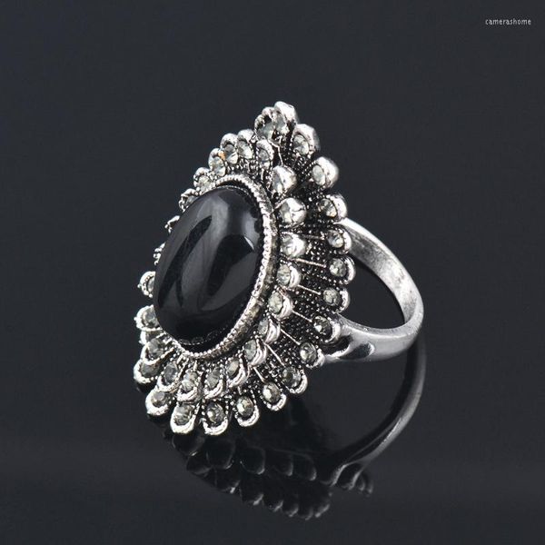 Обручальные кольца Leeker Vintage Black Oval Opal Big Flower for Women Antique Silver Color Retro Ring Jewelry 176 LK8