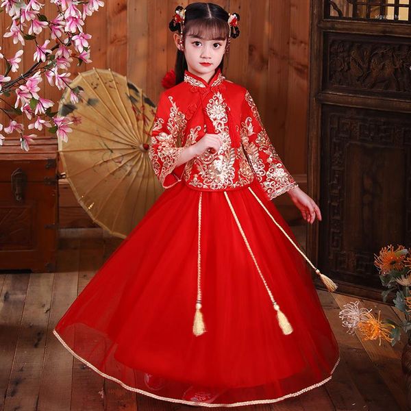 Vestido étnico garotas 'outono de inverno tang traje de vestido vermelho de mangas compridas Cheongsam de performance de casamento crianças crianças