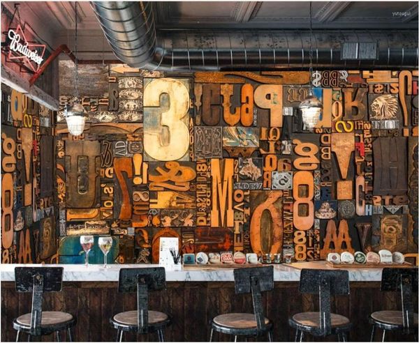 Sfondi Custom Po Murale Carta da parati 3d Tavola di legno vintage Xilografia Alfabeto inglese Bar Cafe Room Decorazioni per la casa per pareti 3 D