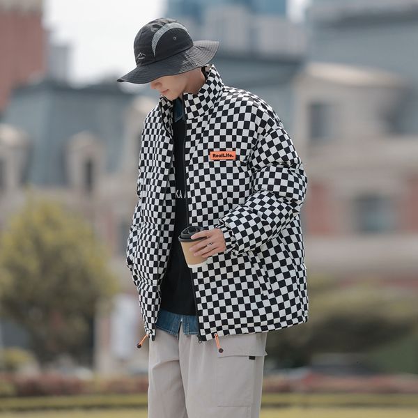 Jackets masculinos Winter Streetwear Oversize Plaid Bubble Coat Japanese Retro Parkas com contraste de jaqueta de soprador quente Men 230107