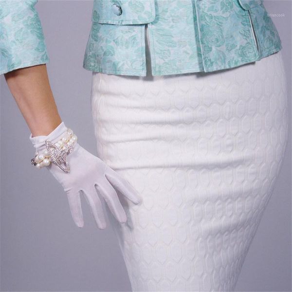 Cinq doigts gants velours court 22 cm Section blanc pur modèles féminins haute élastique velours or écran tactile WSR111