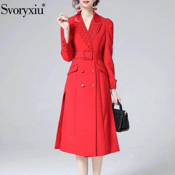 Trench feminina casacos svoryxiu 2023 Designer outono de inverno moda vermelha casaco comprido manga dupla de gabinete de gabinete lady sobretudo outwe