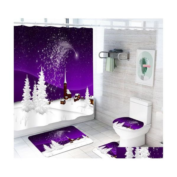 Tende da doccia Scena di neve Scene 3d Stampa viola Sfondo da bagno Set tende di buon Natale tappeti da bagno Cartoon Set 4 pezzi Drop Dh9vf