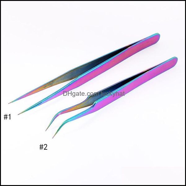 Pinzette Pick-Up Tools Pinzette per ciglia curve dritte in acciaio inossidabile Pinzette per ciglia finte colorate arcobaleno Poi Otc4I