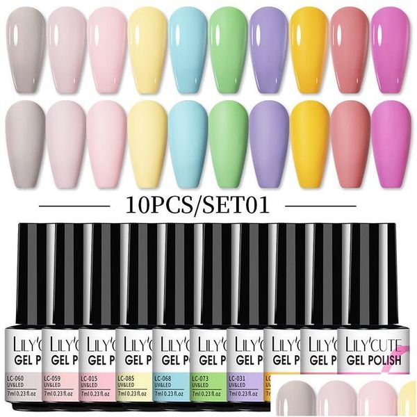 Nail Art Kits Lilycute 10 Farben Gelpoliermittel Set Glitzer Pailletten Semi Permanent Hybrid Lack Basis Decklack Soak Off UV LED Drop Del Dhnmd