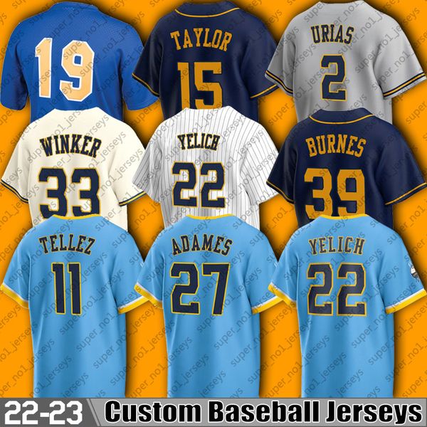 22 Christian Yelich Baseballtrikot Willy Adames Rowdy Tellez Owen Miller Robin Yount Trikots Victor Caratini Luis Urias Garrett Mitchell Devin Williams Perkins