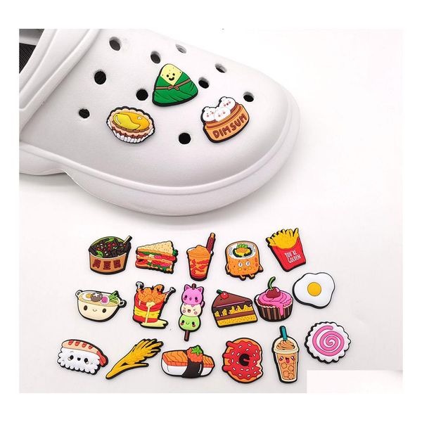 Schuhteile Zubehör Charms Großhandel Kindheitserinnerungen Lebensmittel Sushi Pommes Ei Cartoon Croc PVC Dekoration Schnalle Weichgummi Clo Dhjgk
