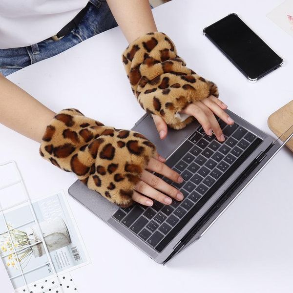 Five Fingers Luves 700 Fashion Faux Fur Leopard Half Finger Computador de Inverno Mulheres Mittens1